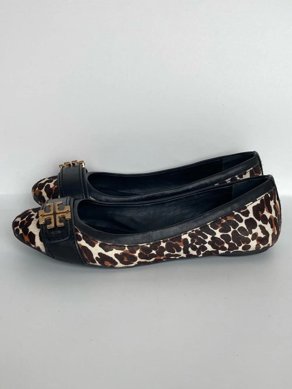 Tory Burch Eloise Black Leather & Leopard Print Cap-Toe Ballet Flats